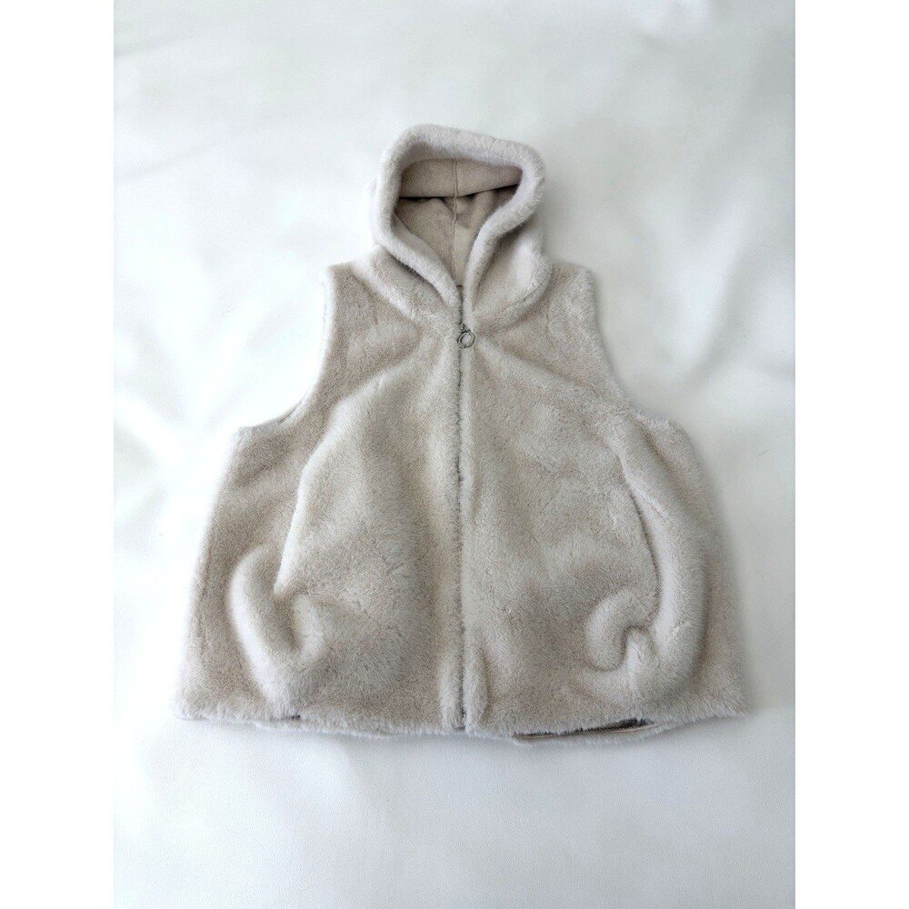 Hooded Teddy Bear Faux Fur Vest Womens One Size Cream Zip Up Soft Plush Pocket